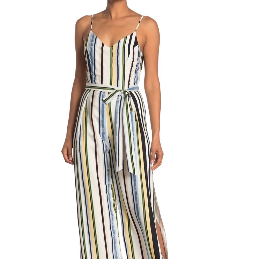 *NWT* V-NECK STRIPE PRINT WAIST TIE JUMPSUIT IN GREEN BLUE MULTI